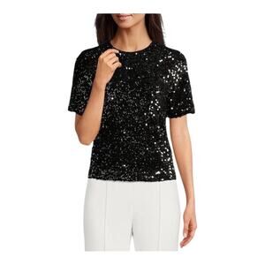 Alex Marie NWT Lia Sequined Crew Neck Short Sleeve StretchVelvet Black Blouse MD